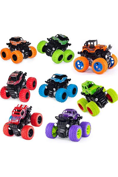 AWH 8 Pack Monster Truck Toys, Friction Powered Push & Go Cars, Stunt Toy Set for Kids & Toddlers