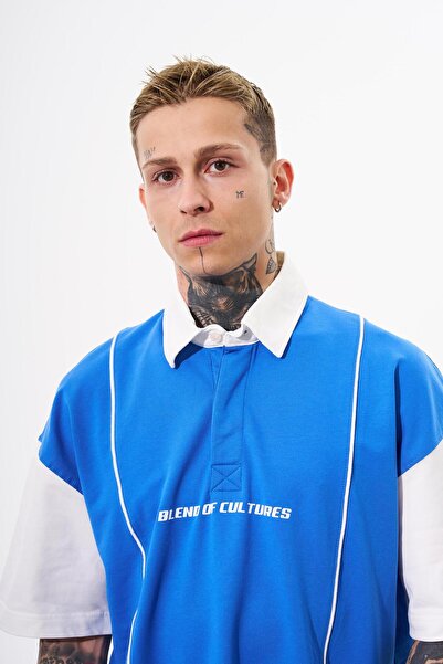 Machinist Men's Piping and Contrast Printed Polo Blue Ecru T-Shirt