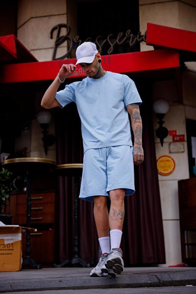 Pobudo Light Blue Color Crew Neck Shorts T-Shirt Set