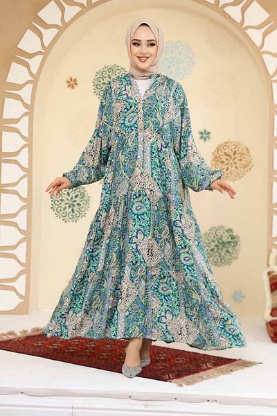 Neva Style Floral Patterned Green Hijab Dress 23454Y