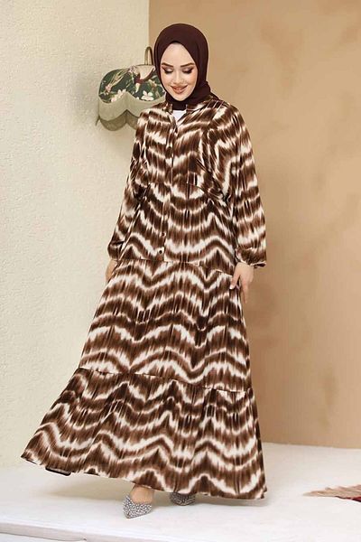 Neva Style Patterned Brown Hijab Viscose Dress 235806 Kh