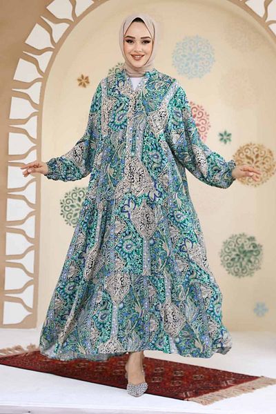 Neva Style Floral Patterned Green Hijab Dress 23454Y