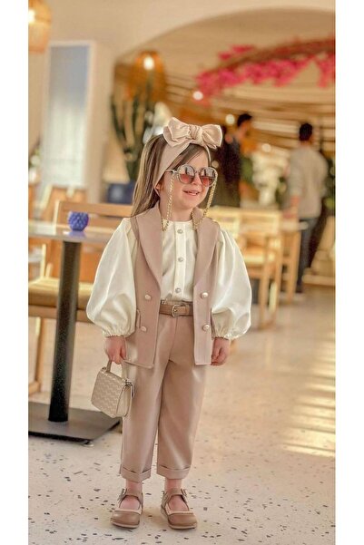 Bebeğimin Dolabında Girl's Stylish 3-Piece Beige Suit with Vest