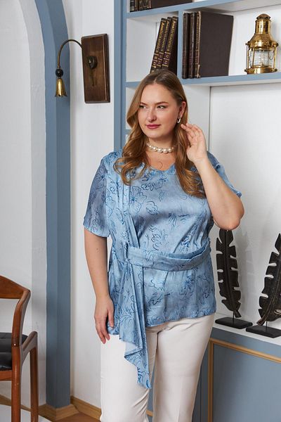RMG Large Size Blue Blouse with Belt Accessories