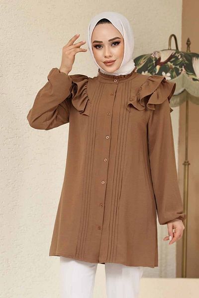 Neva Style Buttoned Dark Mink Hijab Tunic 42291Kv