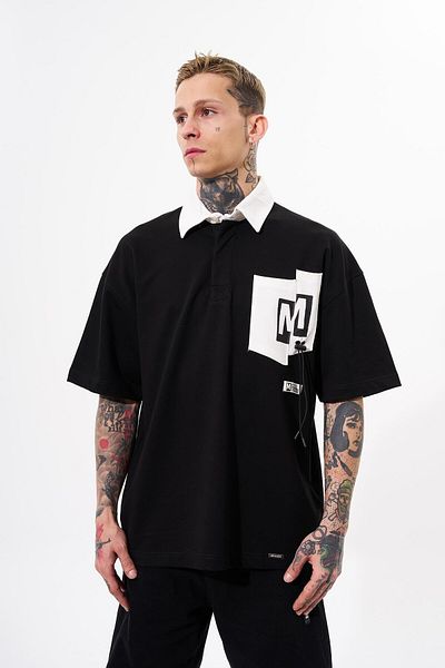 Machinist Men's Oversize Polo Neck Black T-Shirt - Contrast Pocket