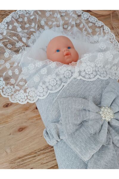 Tomuycuk Gray Lace Baby Blanket - Gift Swaddle, Mevlütlük Hospital Exit Newborn