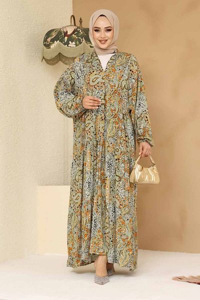 Neva Style Floral Patterned Green Hijab Dress 23454Cy
