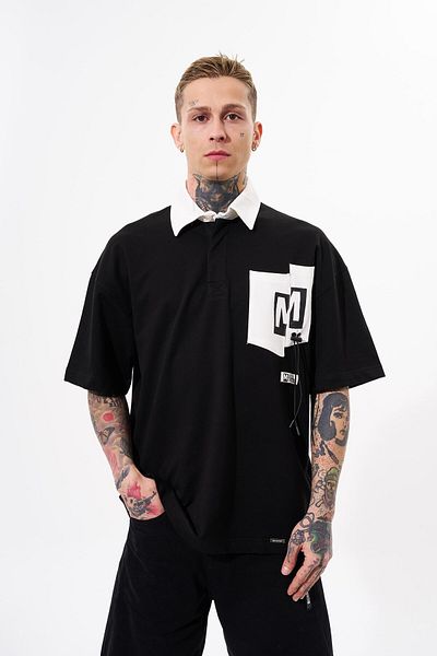 Machinist Men's Oversize Polo Neck Black T-Shirt - Contrast Pocket
