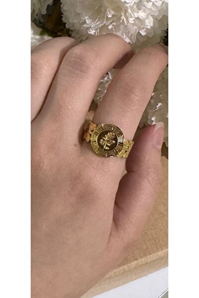 KAD COLLECTION خاتم مدلاة قابل للتعديل من الفولاذ بطبعة وردة