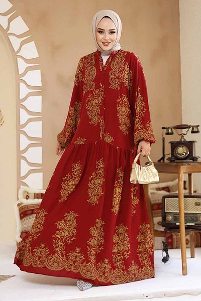 Neva Style Rochie Hijab Burgundy cu Motiv Floral 18241BR