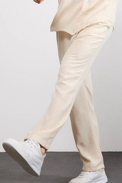 sunfyre Men's Baggy Fit Relaxed Cut Linen Trousers with Lacing at the Waist