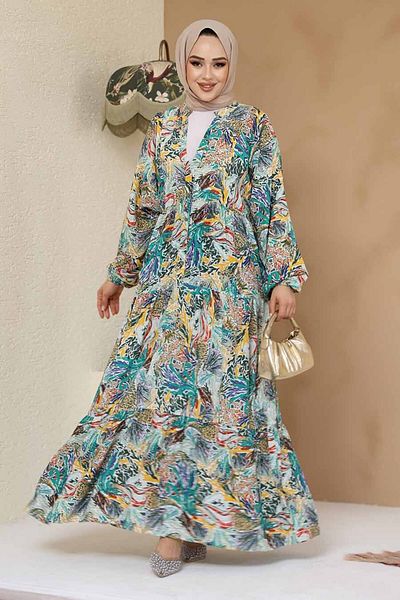 Neva Style Floral Patterned Yellow Hijab Dress 235805 Sr