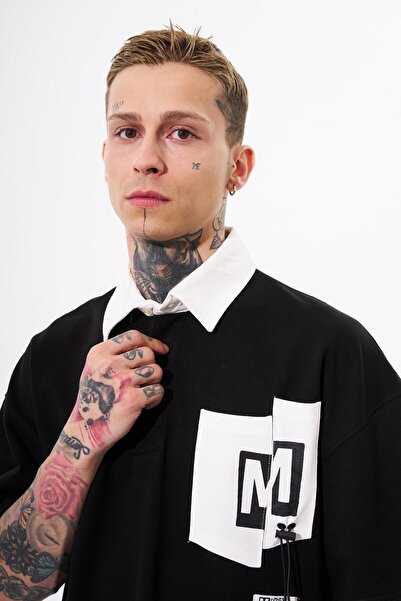 Machinist Men's Oversize Polo Neck Black T-Shirt - Contrast Pocket