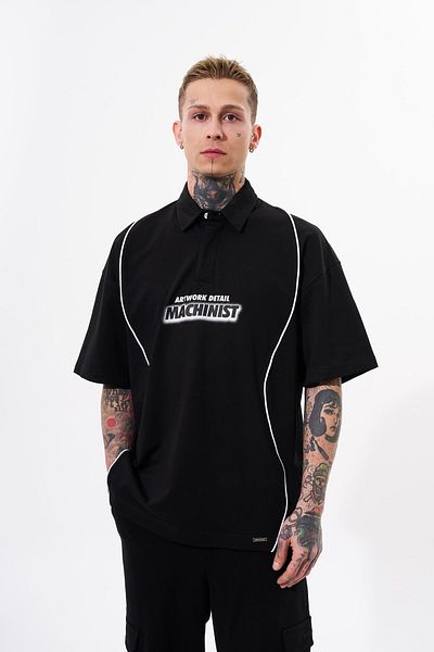 Machinist Ανδρικό μπλουζάκι Polo Neck Oversize - Piping Contrast, Printed, Μαύρο