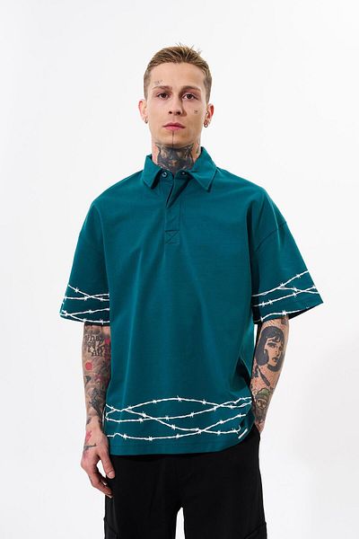 Machinist Men's Oversize Petrol T-Shirt - Barbed Wire Printed