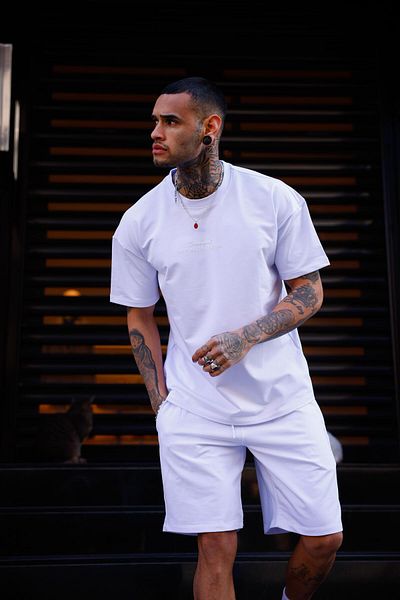 Pobudo White Color Crew Neck Shorts T-Shirt Set