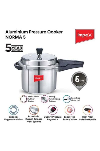 İMPEX PRESSULE COOKER 5LTR CAPACITY -OUTER LID MADE IN INDIA- ALUMINIUM, GRVS SAFETY,ERGONOMIC HANDLE