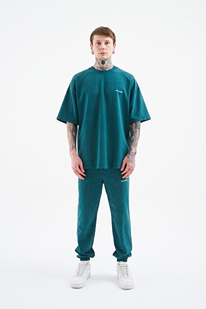 Machinist Unisex Oversize Πλενόμενο Πολυτελές Βασικό T-Shirt Oil Green Cloudy