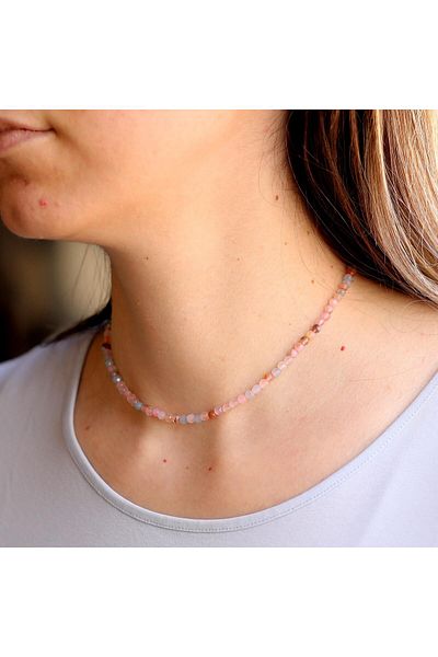 Taş Sandığı Blue Pink Agate Stone Strand Necklace - with Steel Apparatus - 4 mm Facet Cut