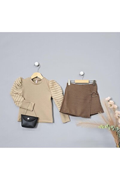 BLR KİDS Girl's Eid Houndstooth Shorts with Ethical Suit and Bag