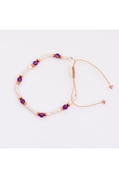 Taş Sandığı Bracelet with Pearl and Amethyst Stone Adjustment 3*4 mm