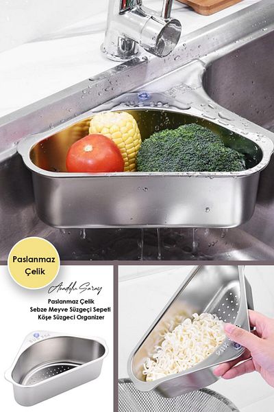 Anadolu Saray Stainless Steel Sink Corner Strainer Sink Organizer Vegetable Fruit Drainer Basket Sink Basket