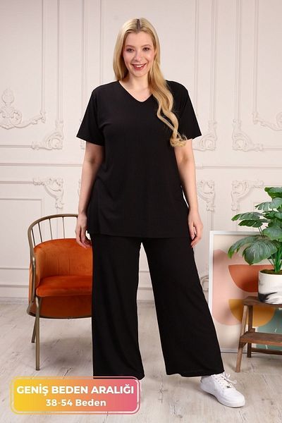 tarzımsüper Large Size Side Slit Comfort Model Comfortable 2-Piece Tunic with Trousers Stylish 2-Piece Bottom-Top Set