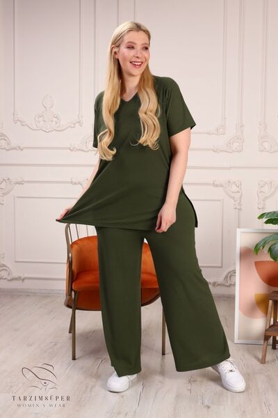 tarzımsüper Large Size Side Slit Comfort Model Comfortable 2-Piece Tunic with Trousers Stylish 2-Piece Bottom-Top Set