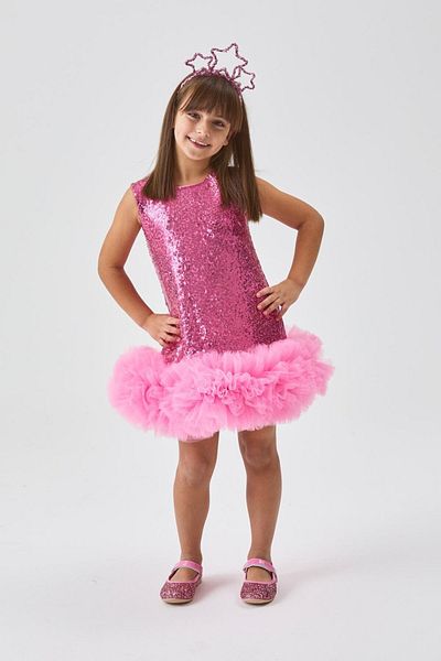 Le Mabelle Fuchsia Sequined Girl's Dress with Tulle Hem - Evie