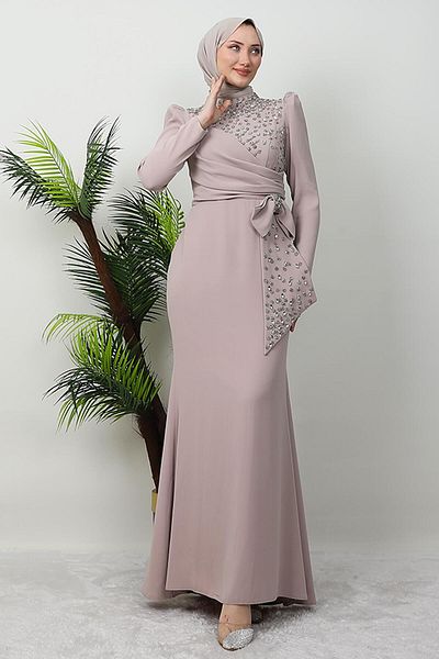 GİYZAMİLA Μπεζ Ζαφείρι Φόρεμα Hijab