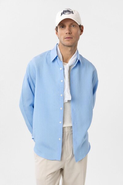 Antioch قميص رجالي مخطط من القماش الأزرق المريح
