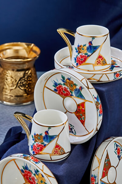 Cooker Luxury Gilded Motif 6-Piece Coffee Cup Set – Gold Detailed, Porcelain, Special Design 90ml