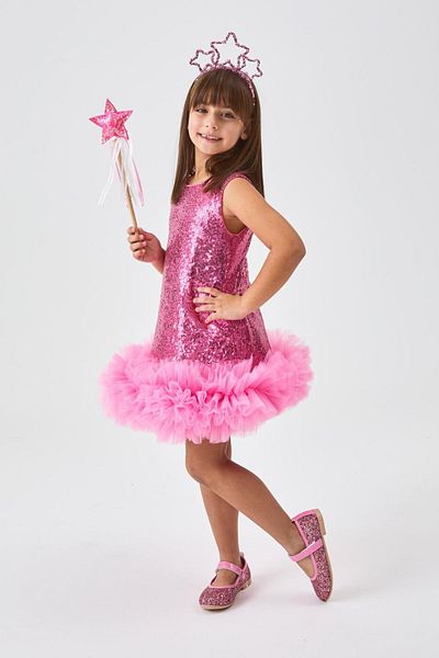 Le Mabelle Fuchsia Sequined Girl's Dress with Tulle Hem - Evie