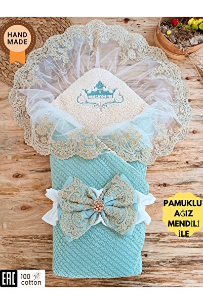 Tomuycuk Mint Knitted Baby Swaddle - Cotton & Lace Newborn Baby Blanket