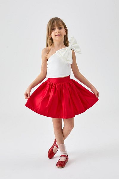 Le Mabelle Red One Shoulder Bow Detailed Skirt Crop Girl's Double Set - Luisa