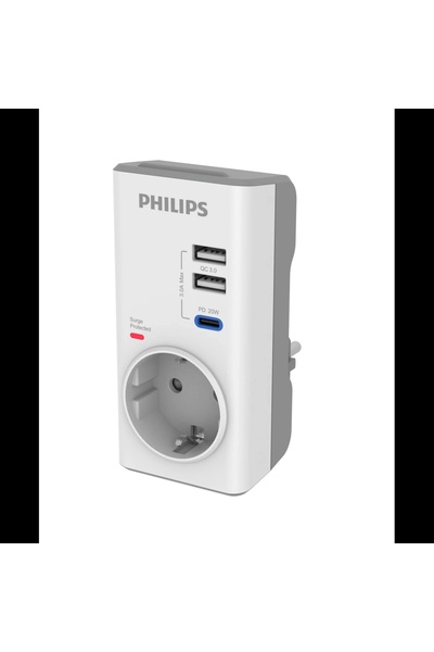 Philips Chp8010w/10, Tekli, Akım Korumalı Priz, 380 Joules, Pd 20w Hızlı Şarj...