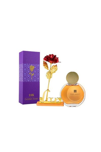 AVON Far Away eau de parfum set and red rose blown at the base with gold, holder and box included