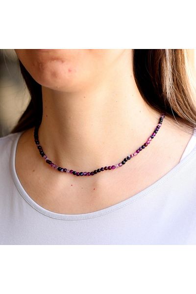 Taş Sandığı White Veined Purple Agate Stone Bead Necklace (4 mm) - with Steel Apparatus
