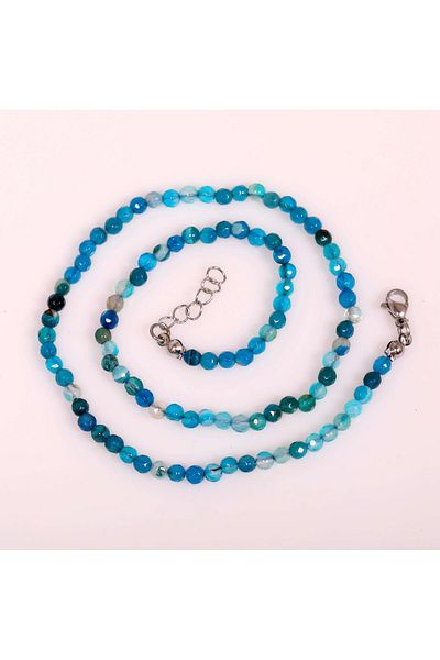 Taş Sandığı Blue Colored Agate Stone Necklace - 4 mm Facet Cut with Steel Apparatus