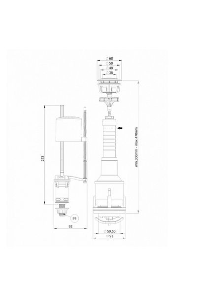 MEGA Mecanism / valva golire rezervor WC, alimentare pe jos cu racord alama 3/8, cu buton, set complet