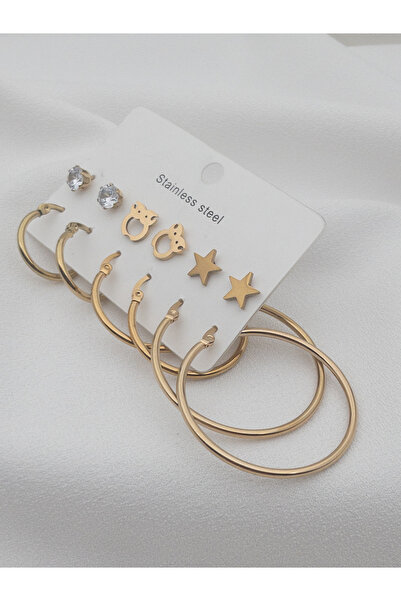 Siya Silver Kararmaz Çelik Pırlanta Yıldız Baykuş Halka Detaylı 6 Çift Kadın Küpe Seti