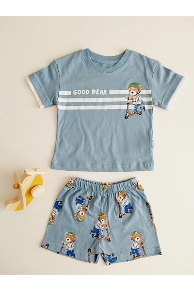damdamin 100% Cotton "Good Bear" Text and Teddy Bear Printed Tshirt&Shorts Set