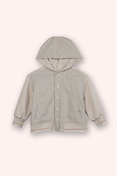 Panço Erkek Bebek Çizgili Kapüşonlu Çıtçıt Düğmeli Bej Sweatshirt