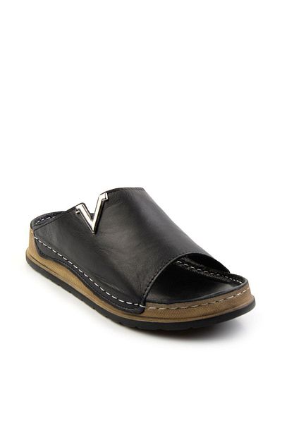 Bambi Black Leather Women's Slippers K 04331030803