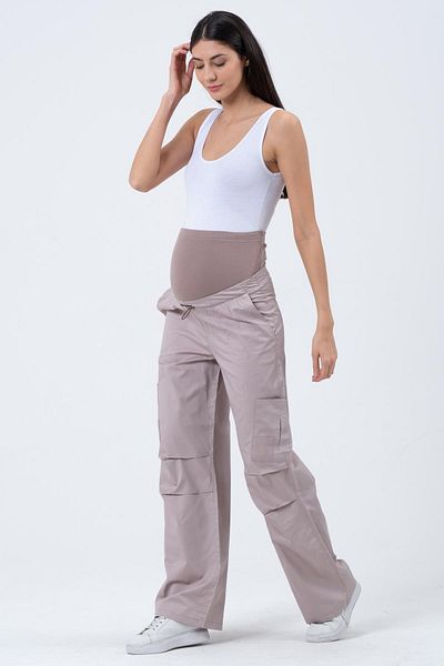 BUSA Maternity Stretchy Tummy Banded Waist Adjustable Parachute Fabric Cargo Pants Powder