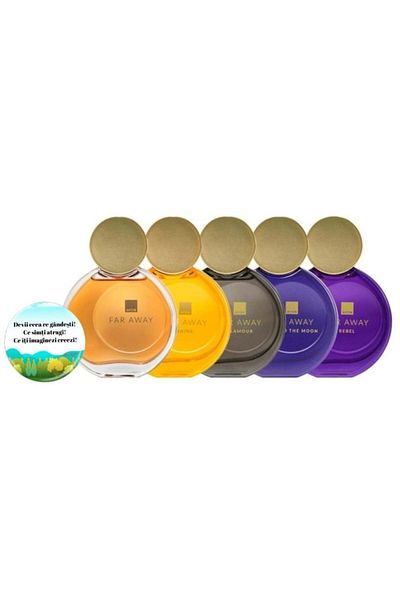 AVON Set for women, 5 Far Away perfumes and Dactylion badge with motivational message