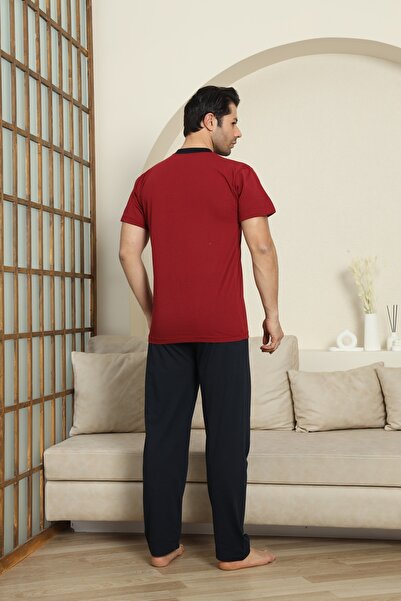 MODAREYA Kısa Kollu Bordo Renk Yakası Düğmeli Nakışlı Erkek Pijama Takımı