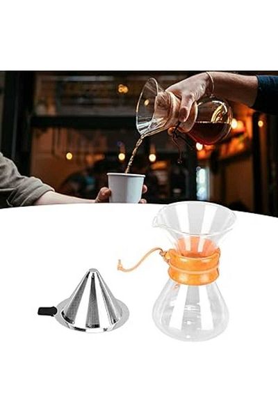 Generic Glass drip coffee maker with stainless steel filter and wooden ring for coffee, 400ml capacity,