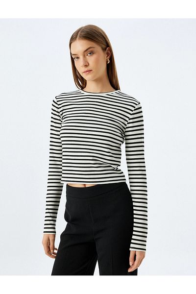 TETYS Long Sleeve Body Hugging White, Black Striped Women's Crop Blouse